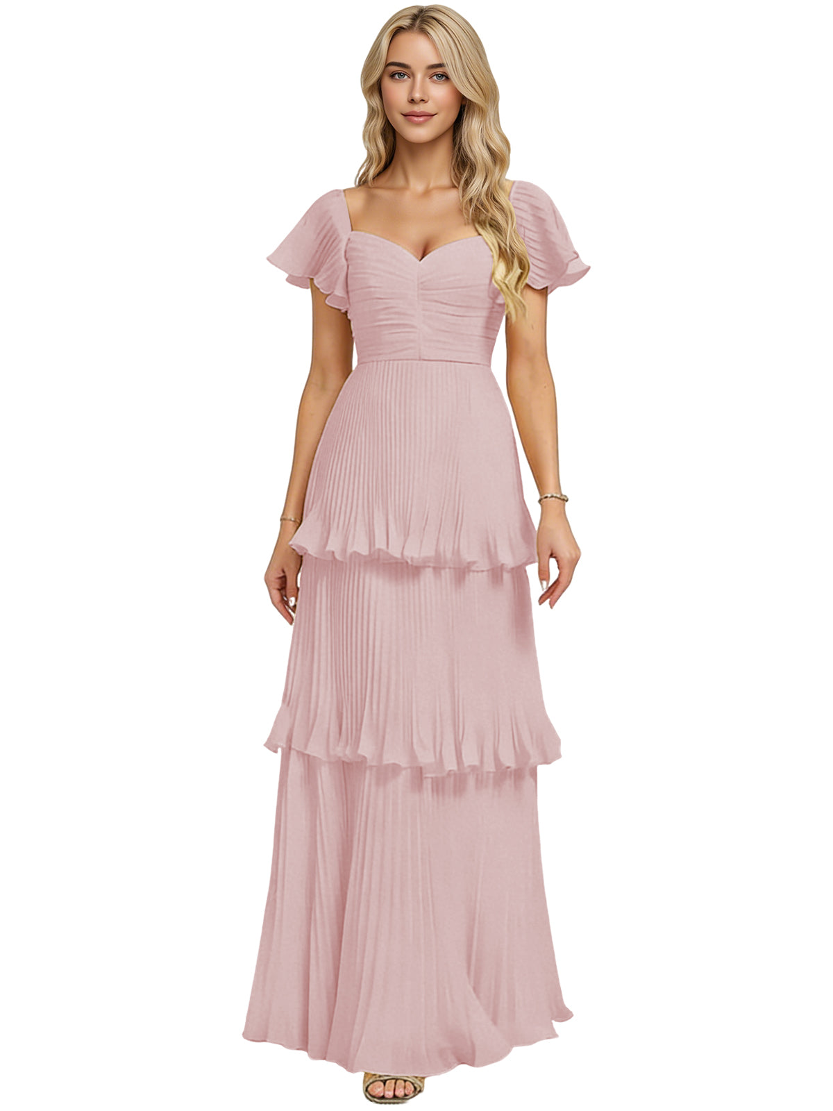 Tiered Ruffle Chiffon Bridesmaid Dress with Sweetheart Neckline