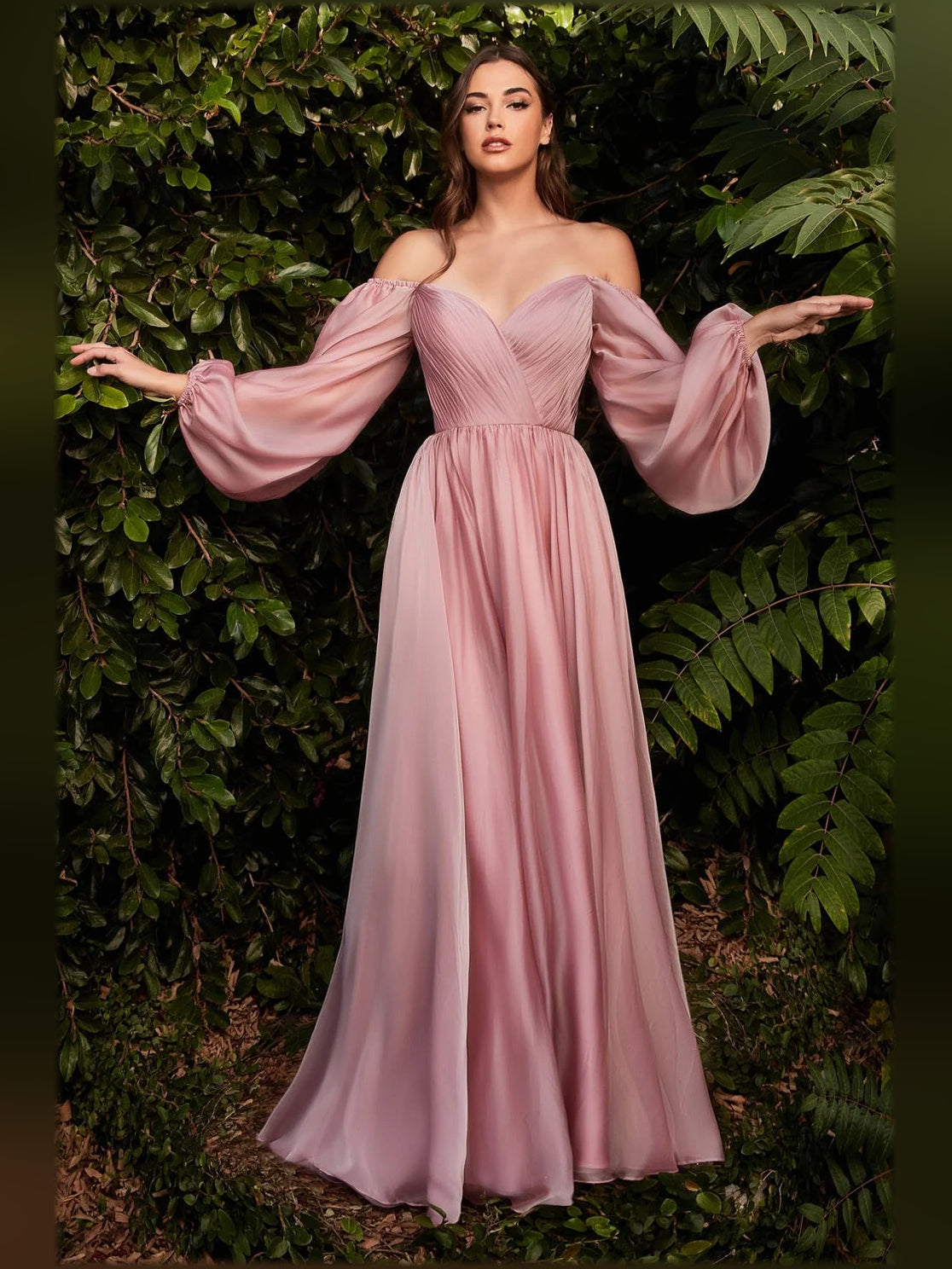 V Neck Puff Sleeves Pleats Floor-Length A Formal Dress