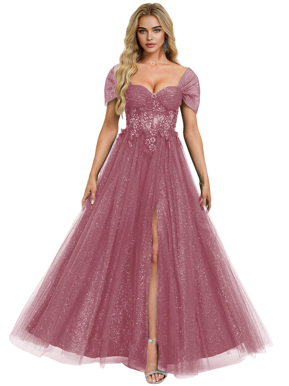 Short Sleeve Glitter Tulle Prom Dress with Illusion Bodice and Slit