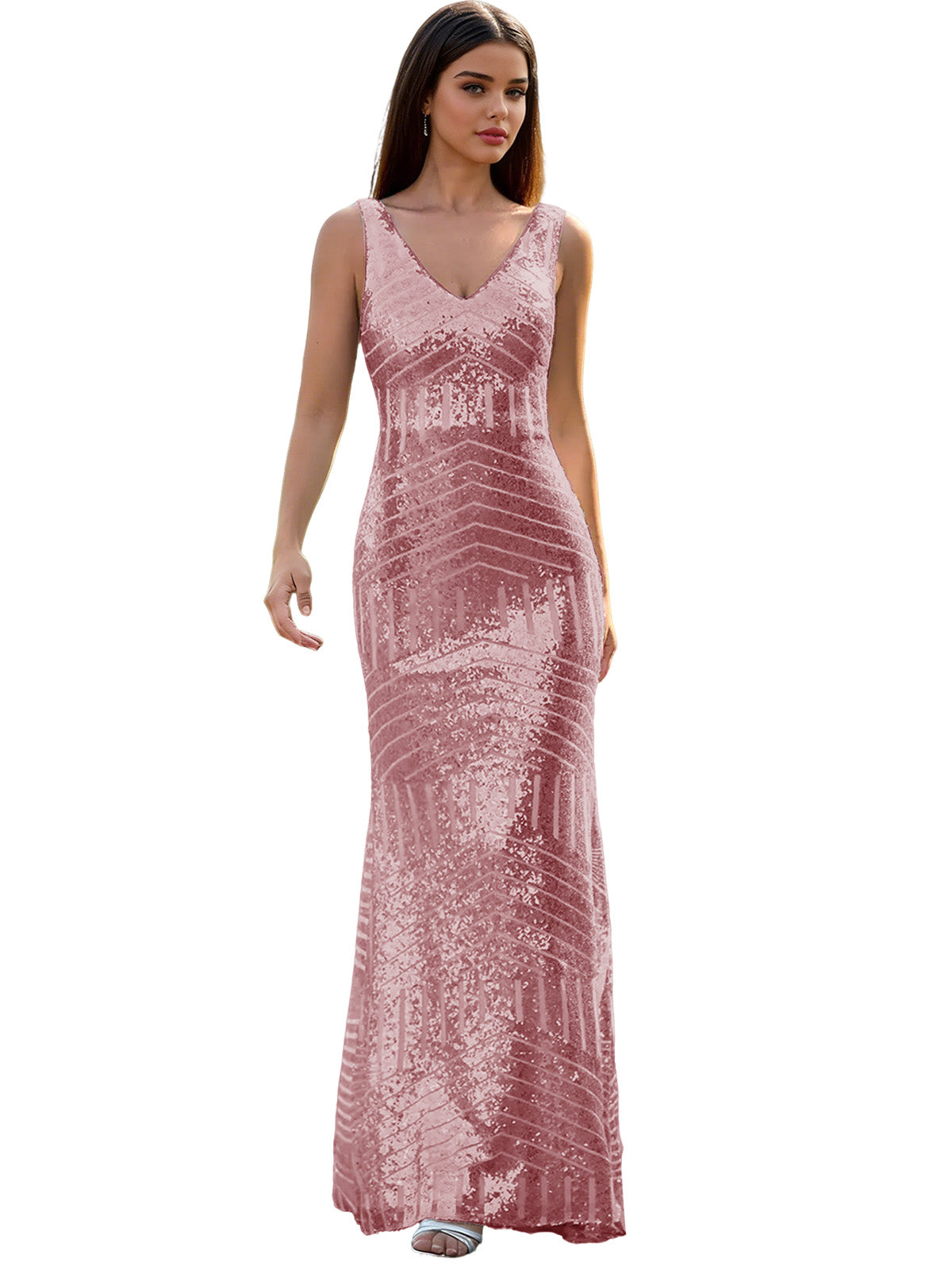 V-Neck Sequin Column Prom Dress with Beaded Waist and Low Back