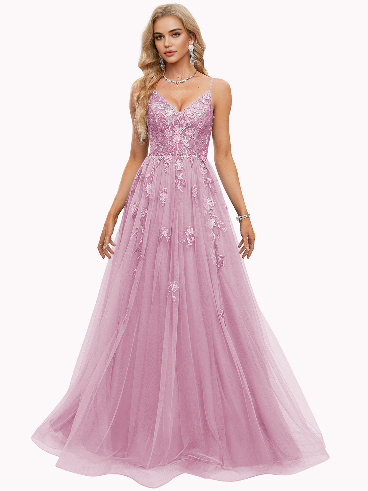 Beaded Bodice Tulle Ball Gown Prom Dress with Spaghetti Straps