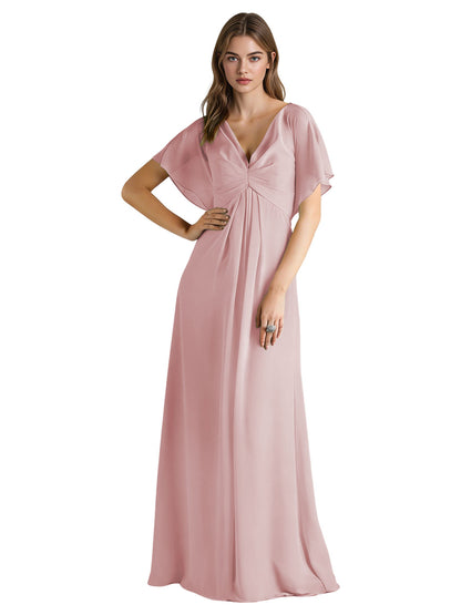 Short Sleeve V-Neck Chiffon Bridesmaid Dress with Gathered Waist