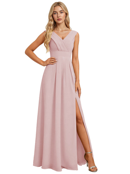 Surplice V-Neck Chiffon Bridesmaid Dress with A-Line Slit dress