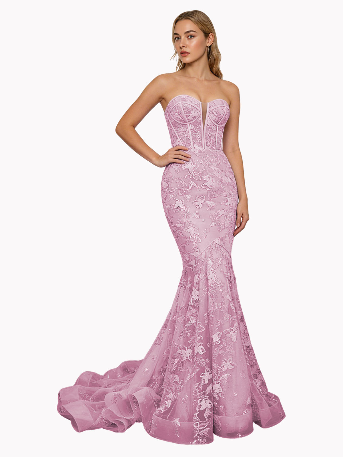 Strapless Lavender Lace Mermaid Prom Dress with Sheer Corset and Train