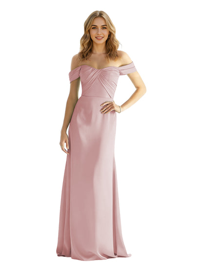 Sweetheart Off Shoulder Satin Bridesmaid Dress with Wrapped Bodice