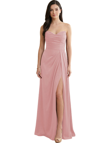 Strapless Pleated Satin Bridesmaid Dress with Side Slit