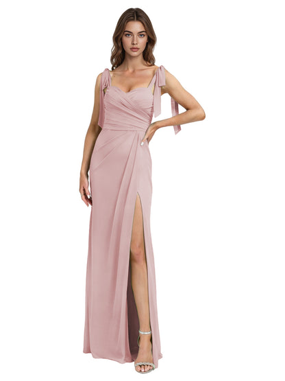 Tie Strap Chiffon Bridesmaid Dress with Square Neck and High Slit
