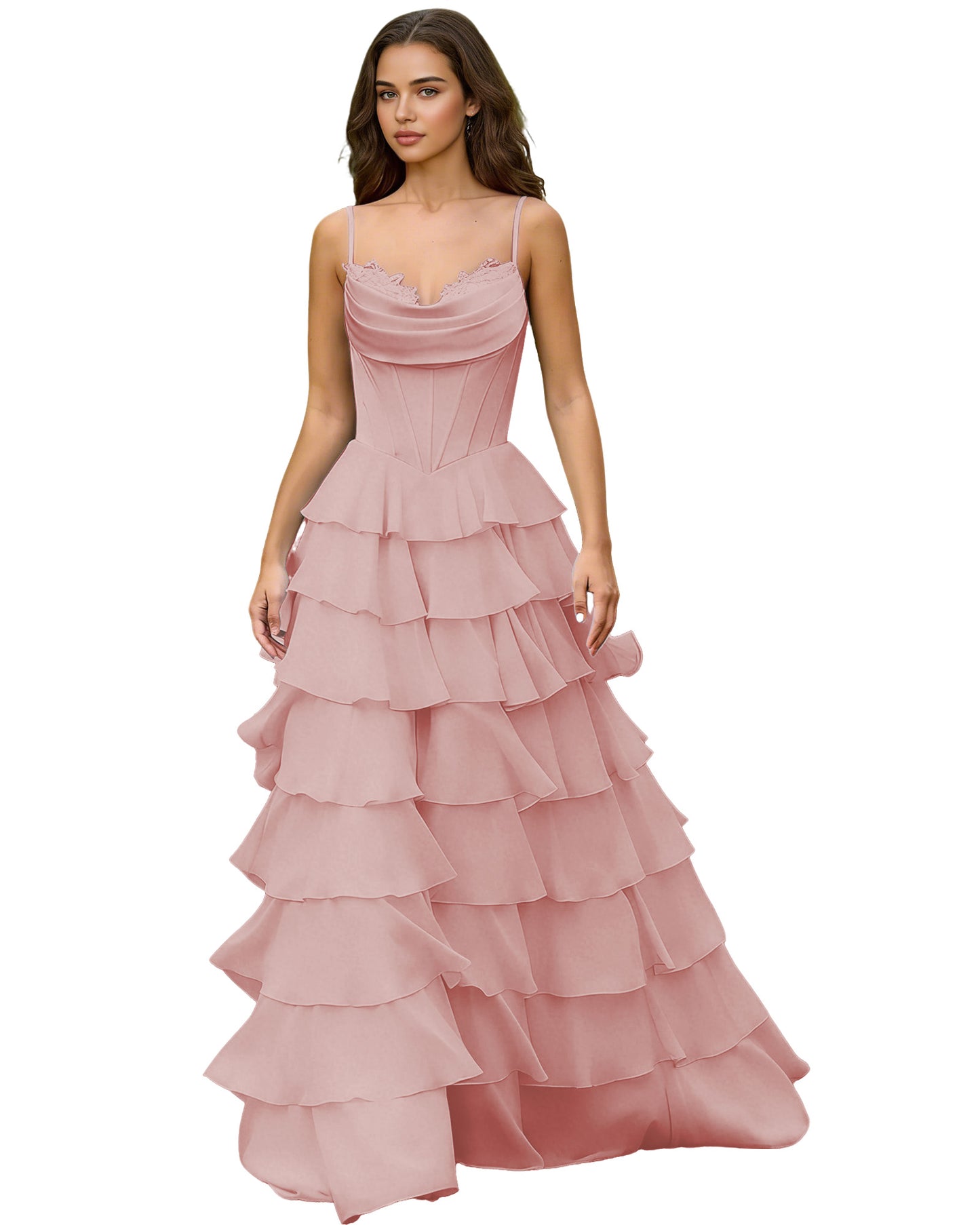 Spaghetti Strap Tiered Chiffon A-Line Prom Dress with Ruffle dress