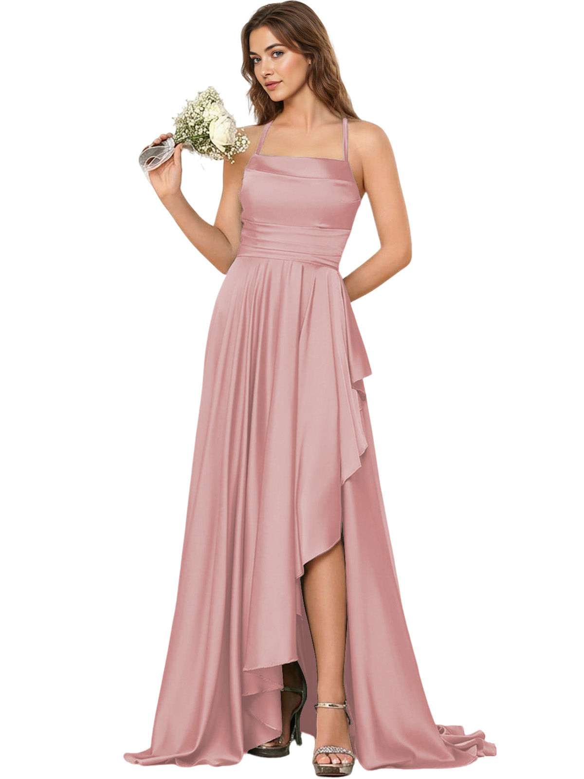 Open Back Halter Bridesmaid Dress with High Low Overlay dress