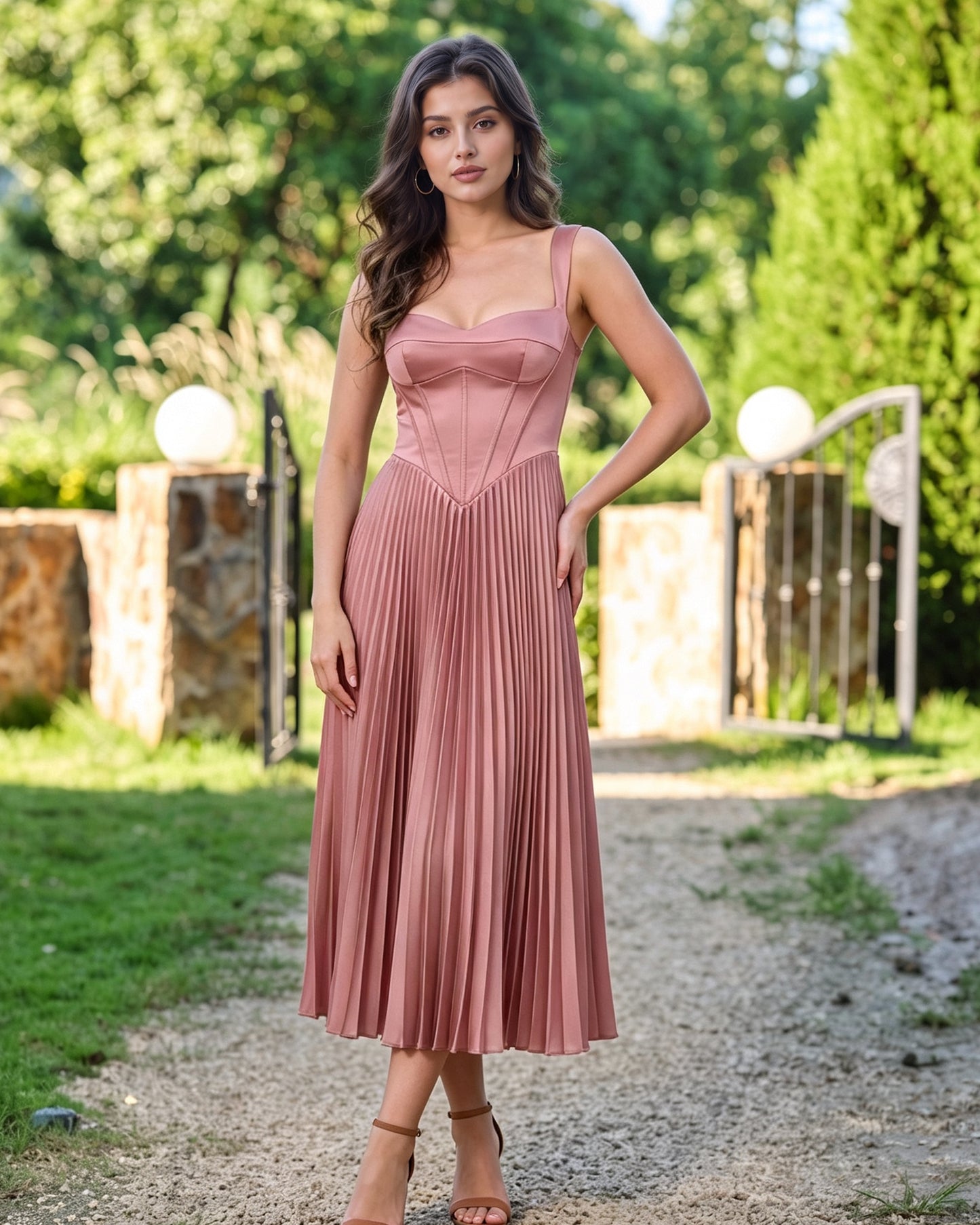 Square Neck Corset Midi Formal Dress with Pleated A-Line Dress