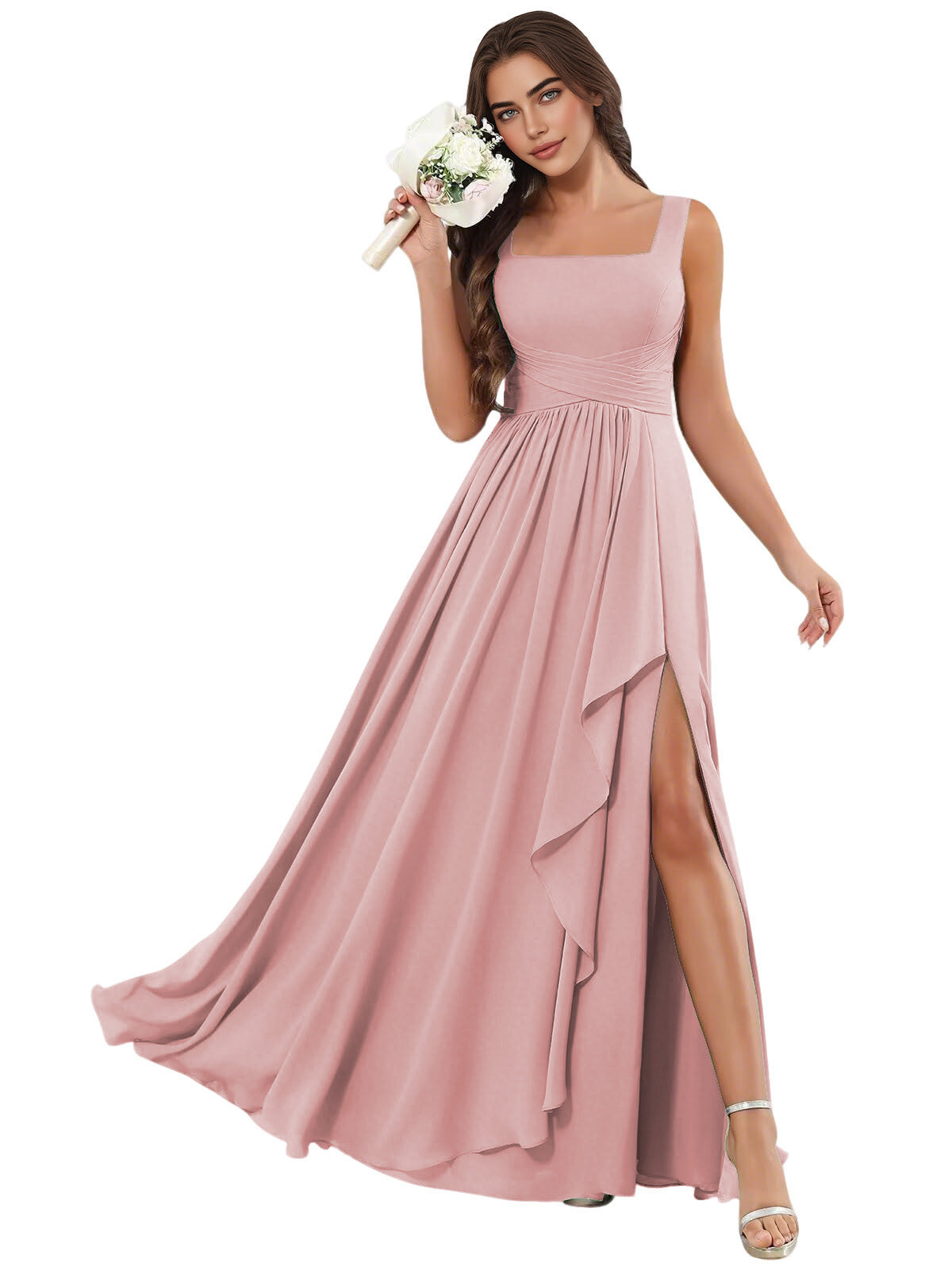 Square Neck Chiffon Bridesmaid Dress with Corset Back and Slit