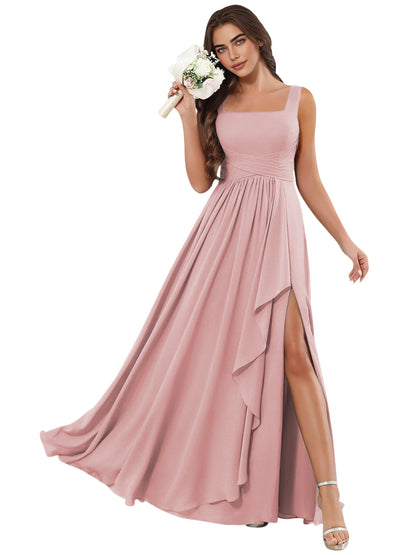 Square Neck Chiffon Bridesmaid Dress with Corset Back and Slit