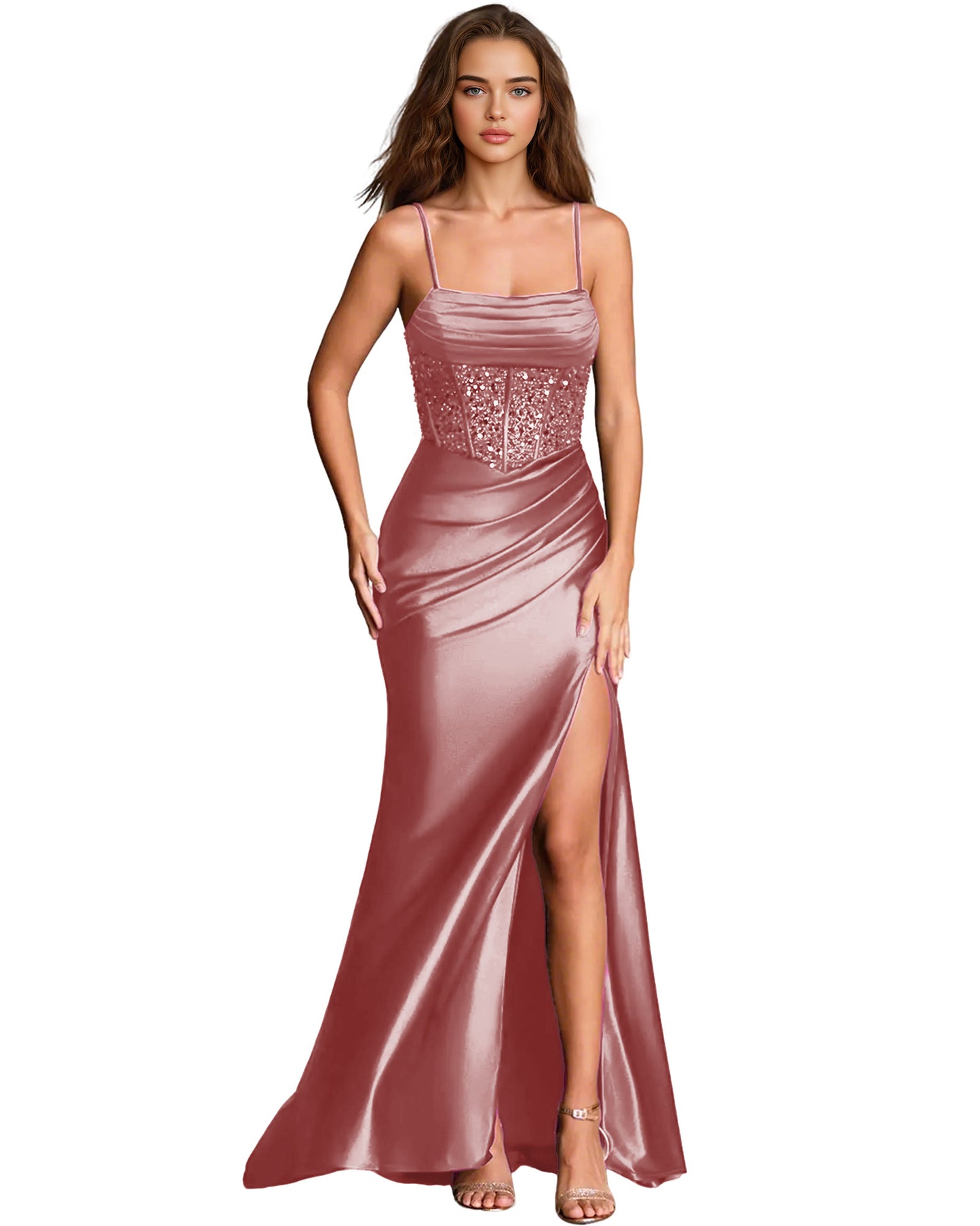 Square Neck Satin Sheath Prom Dress with Spaghetti Straps and Side Slit