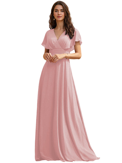 Flutter Sleeve V-Neck Chiffon Bridesmaid Dress with Flowing dress