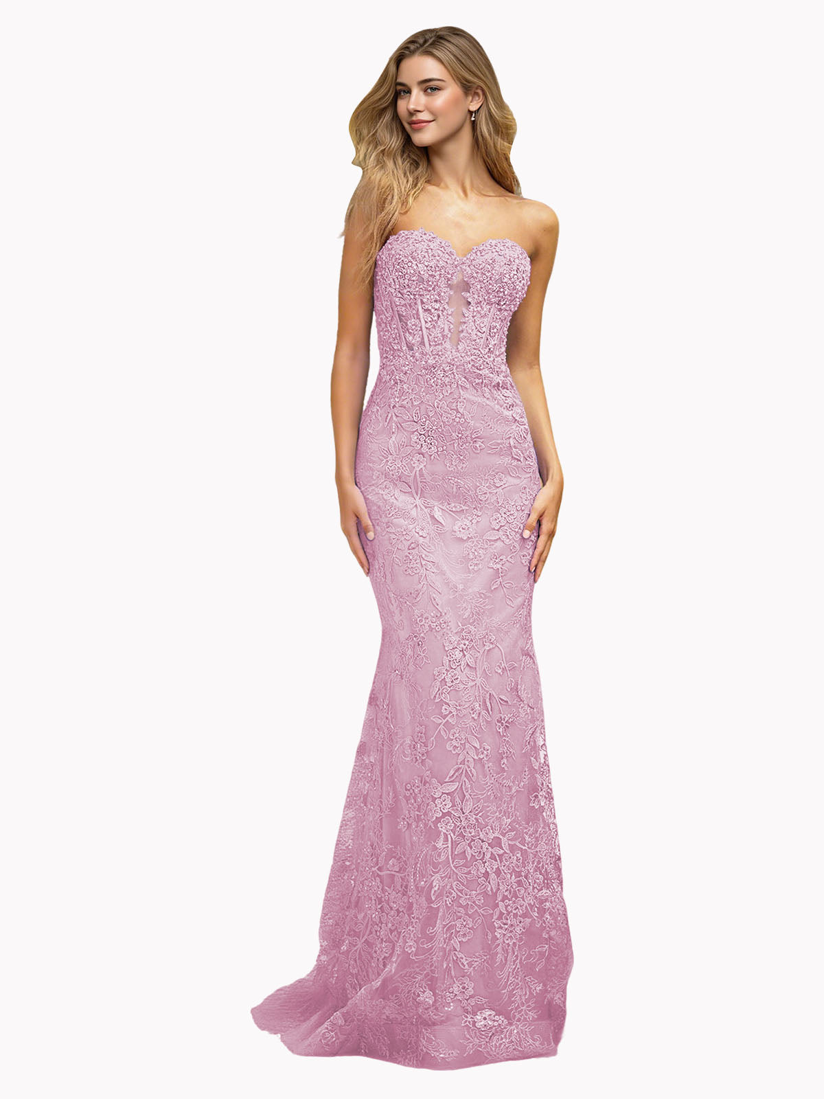 Strapless Floral Lace Mermaid Prom Dress with Sparkle Applique and Train