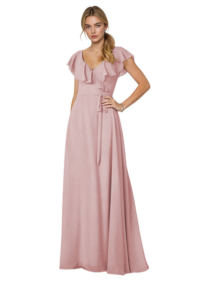 Tie Neck Chiffon Bridesmaid Dress with Flutter Sleeves