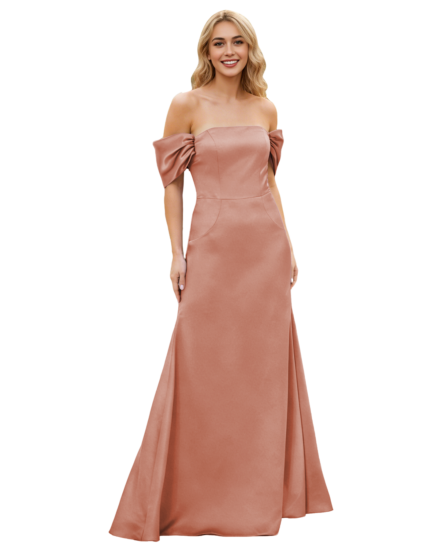 Off Shoulder Satin Bridesmaid Dress with Foldover Neckline and Trumpet Dress