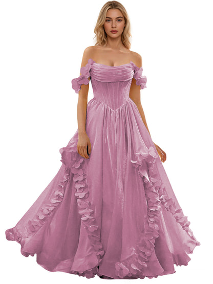 Off Shoulder Ruffle Tulle Ball Gown Prom Dress with Floral Applique