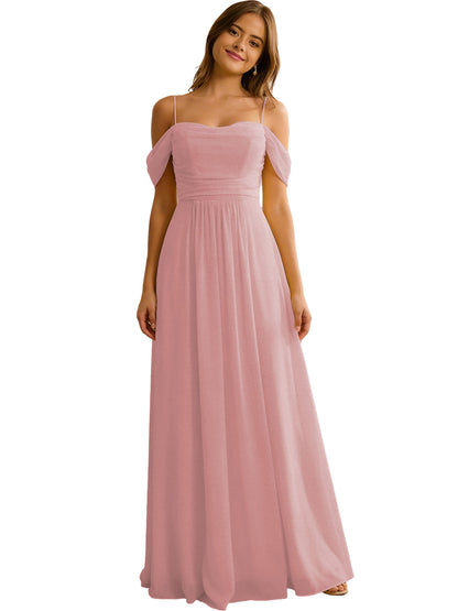 Off Shoulder Chiffon Bridesmaid Dress with Soft Pleated Bodice
