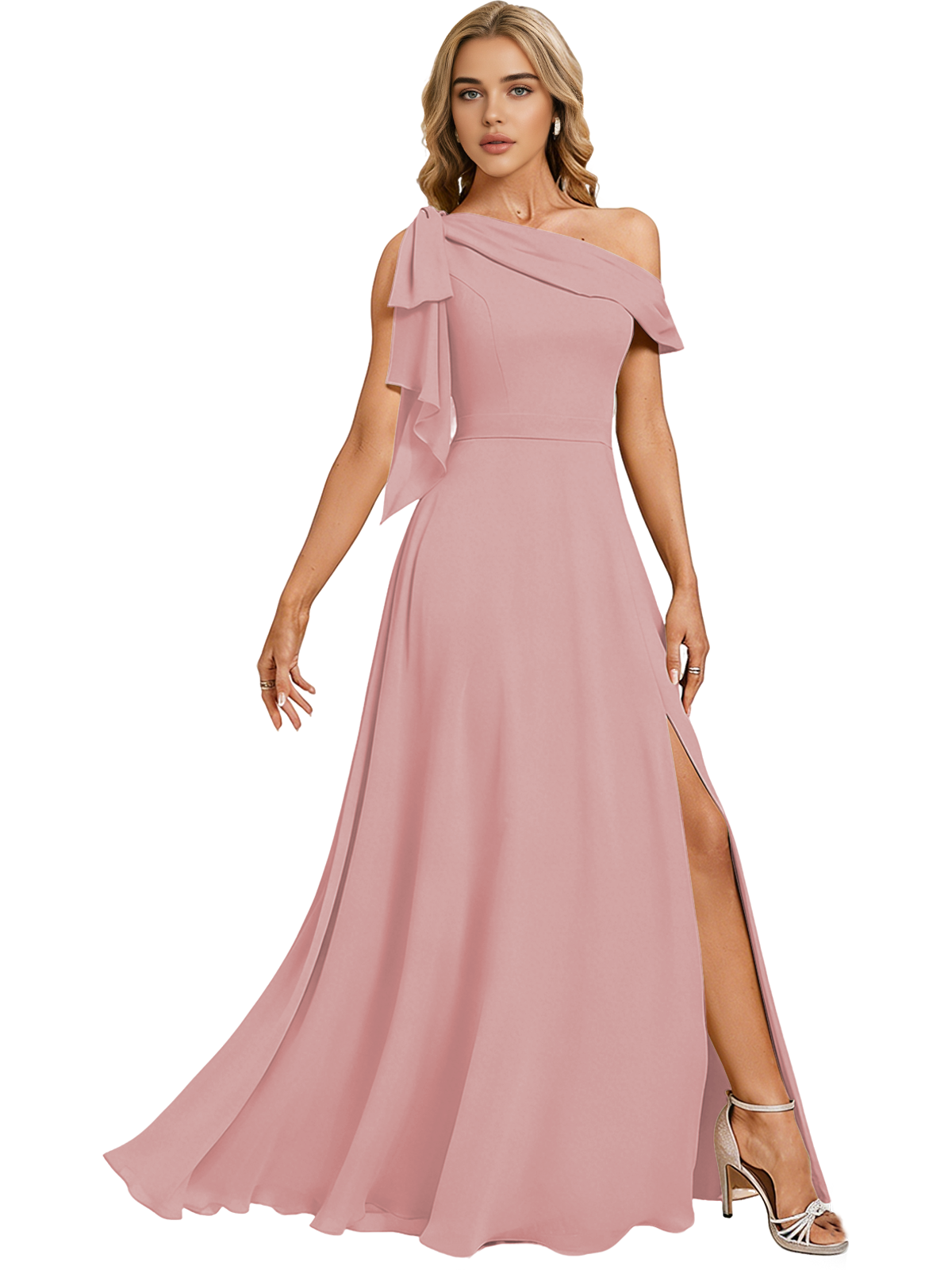 Asymmetric Off Shoulder Bridesmaid Dress with Draped Sleeve and Slit