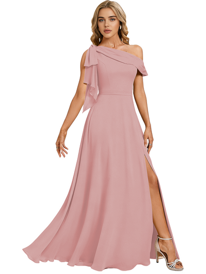 Asymmetric Off Shoulder Bridesmaid Dress with Draped Sleeve and Slit