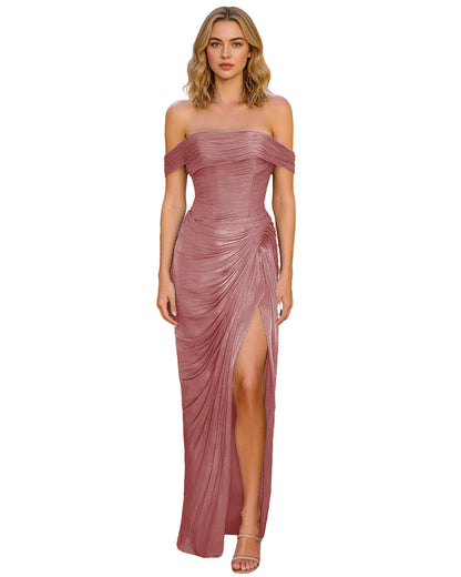 Off Shoulder Ruched Jersey Prom Dress with Wrap Bodice and High Slit