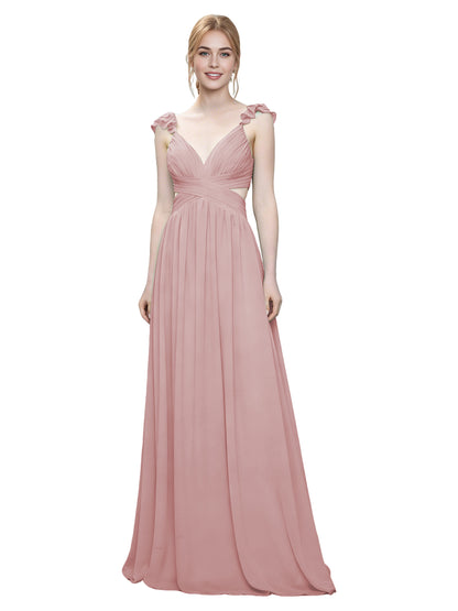 Ruffle Strap V-Neck Tulle Bridesmaid Dress with Pleated Waist