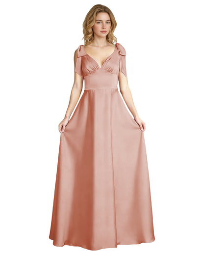 V-Neck Bow Strap Satin Bridesmaid Dress with Empire Waist