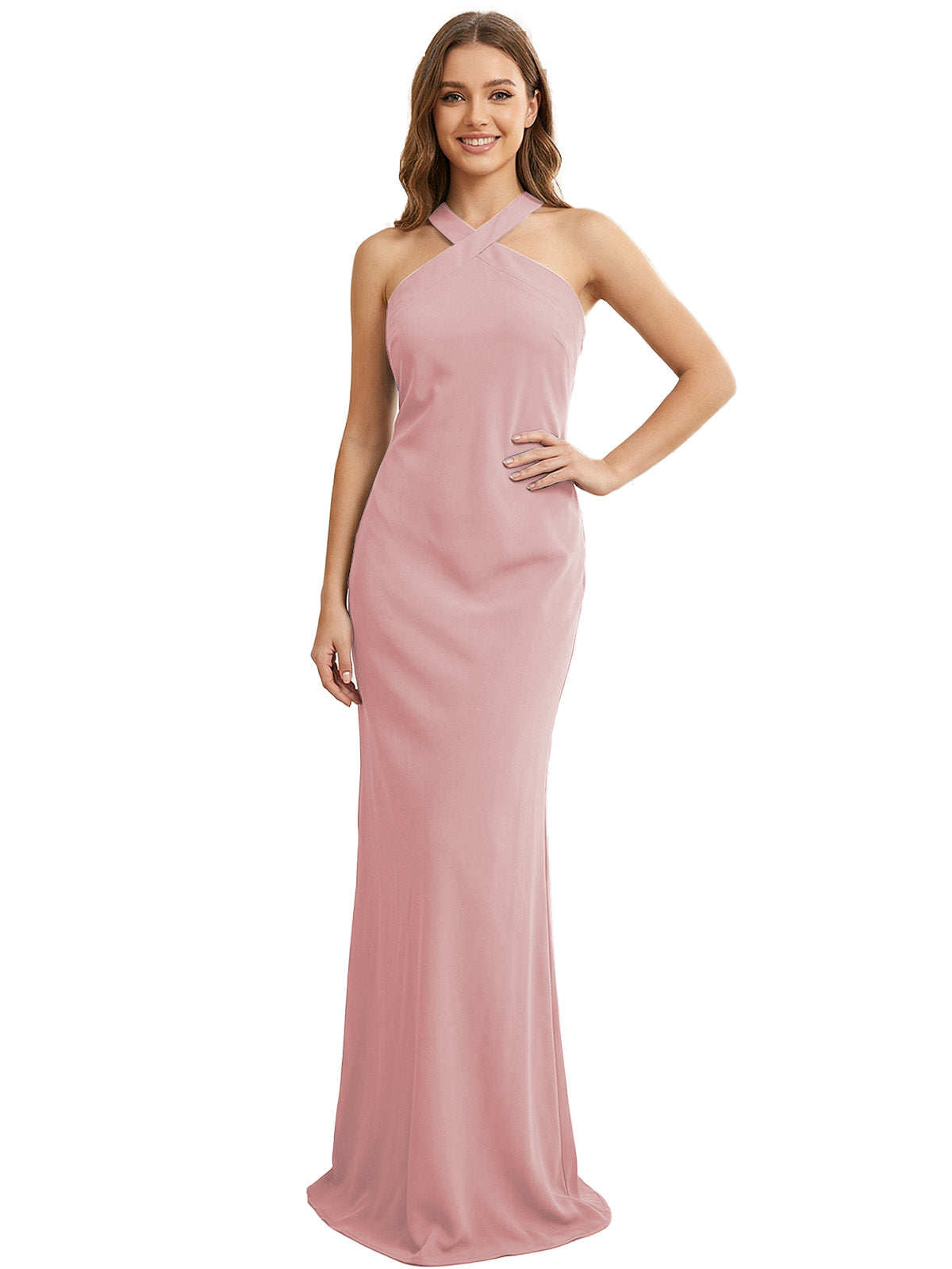 High Neck Halter Bridesmaid Dress with Sleek Column Silhouette