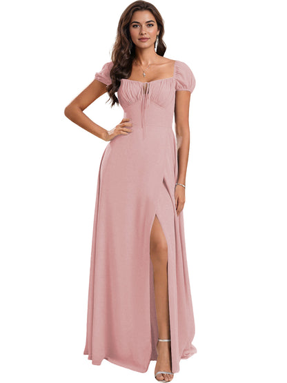 Ruched Short Sleeve Chiffon Bridesmaid Dress with Side Slit