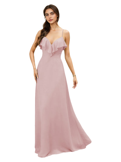 Ruffle V-Neck Chiffon Bridesmaid Dress with Spaghetti Straps
