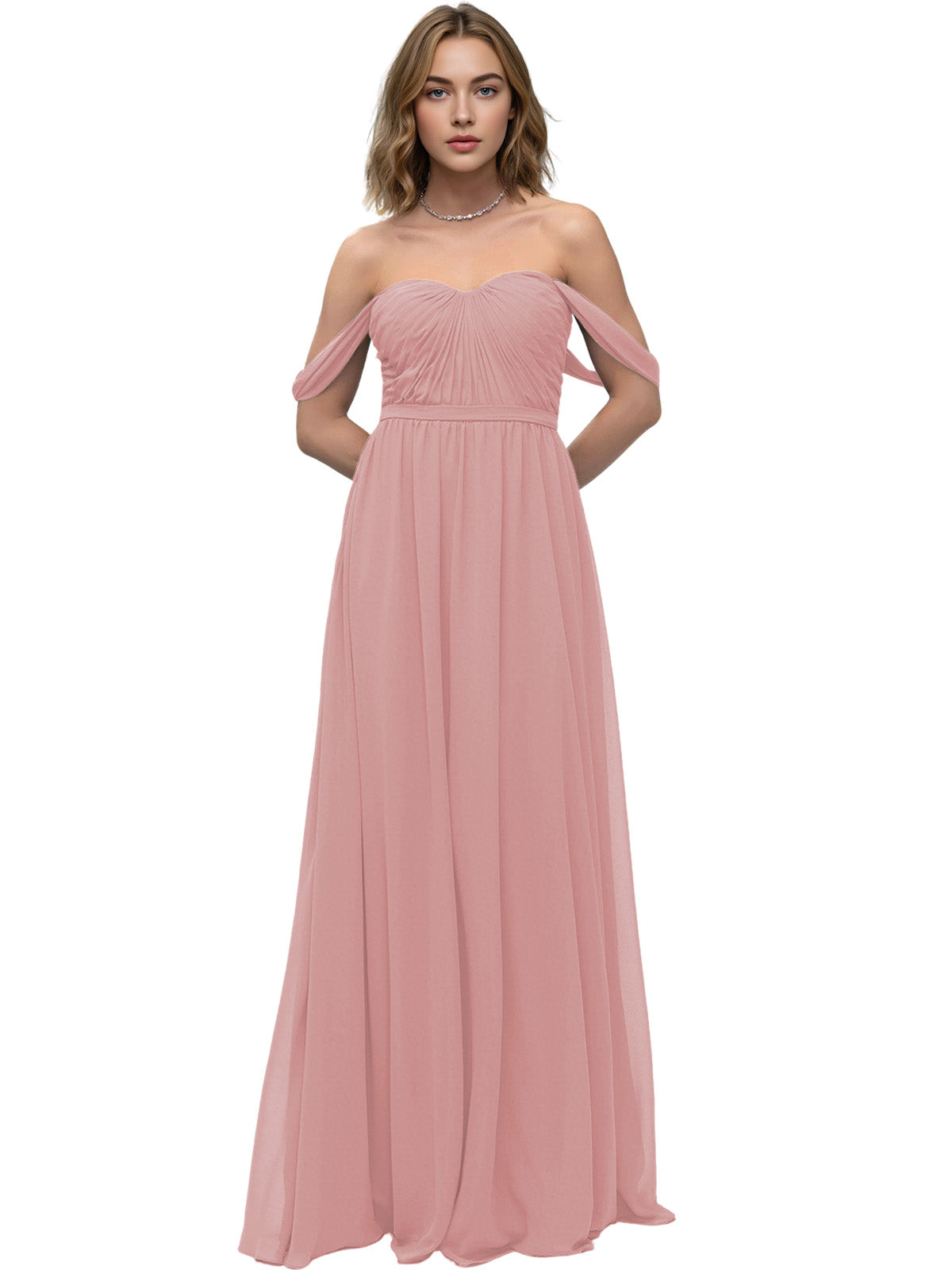 Off Shoulder Sweetheart Chiffon Bridesmaid Dress with Ruched Bodice