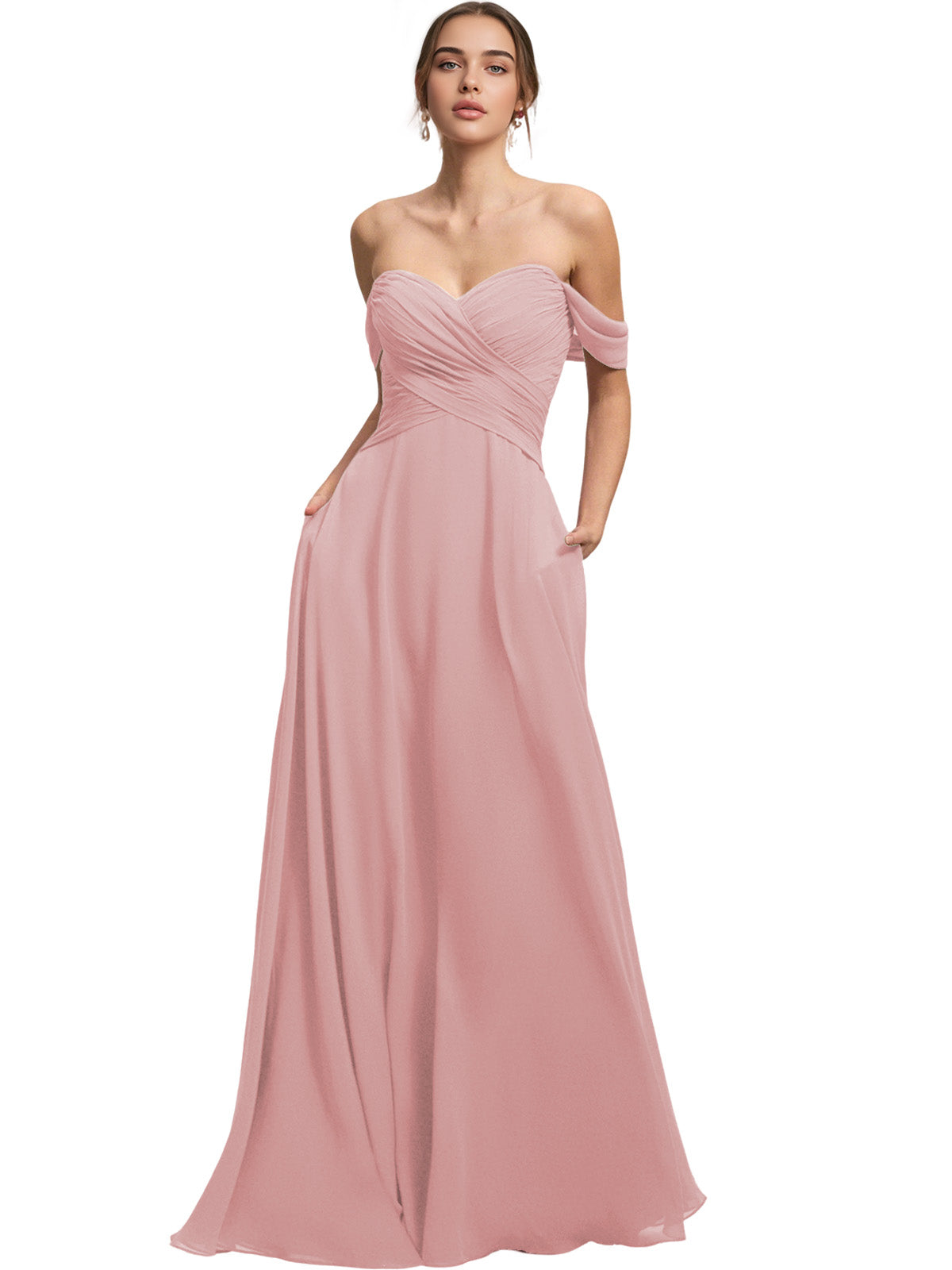 Off Shoulder Chiffon Bridesmaid Dress with Draped Bodice and A-Line Dress