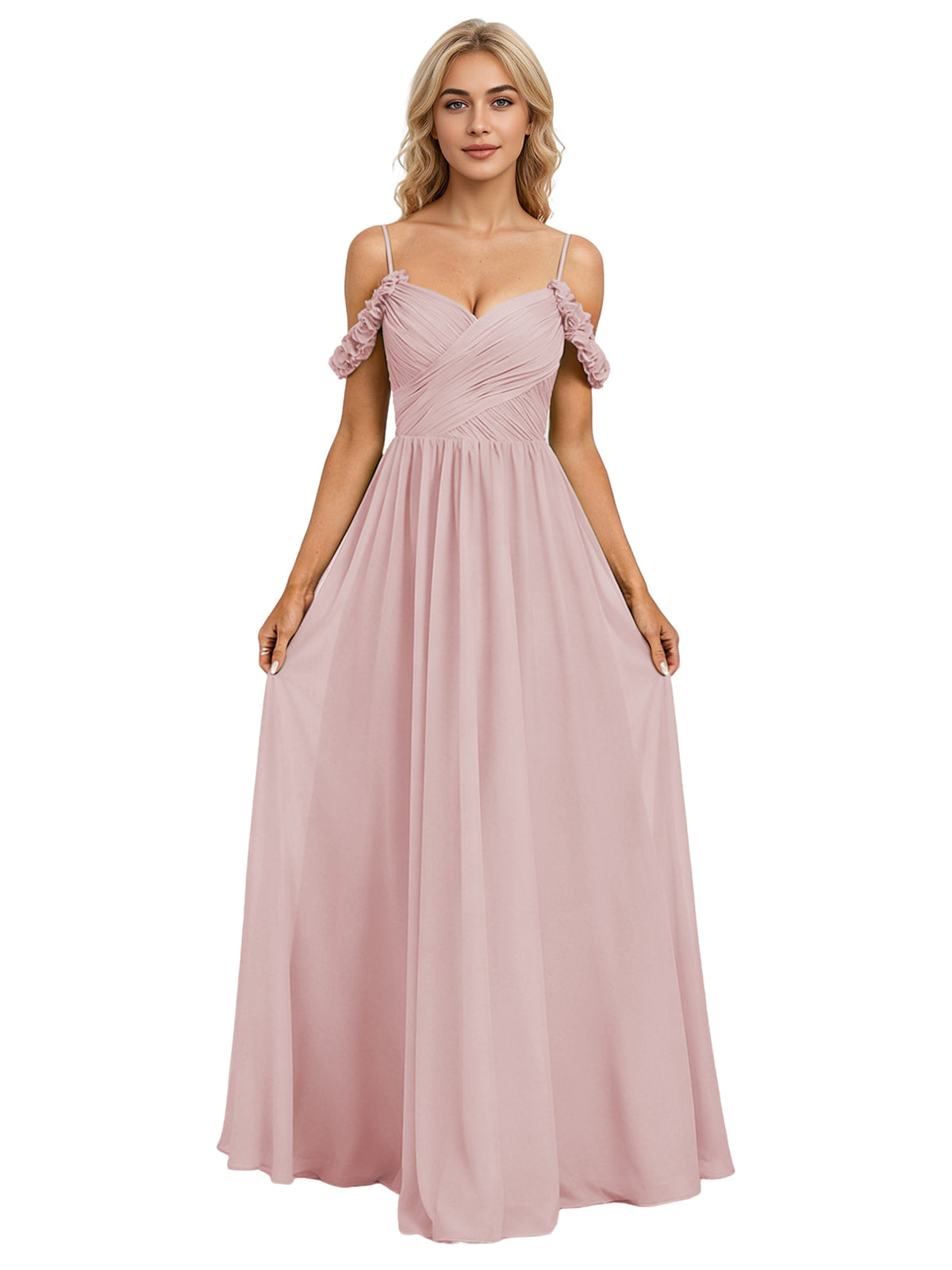 Off Shoulder Lace Applique Bridesmaid Dress with Flowing Chiffon dress