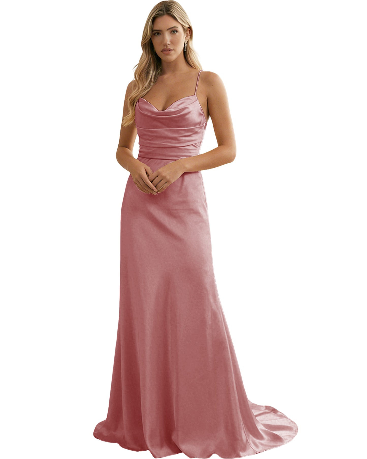 Spaghetti Straps Ruched Satin Floor Length Bridesmaid Dress