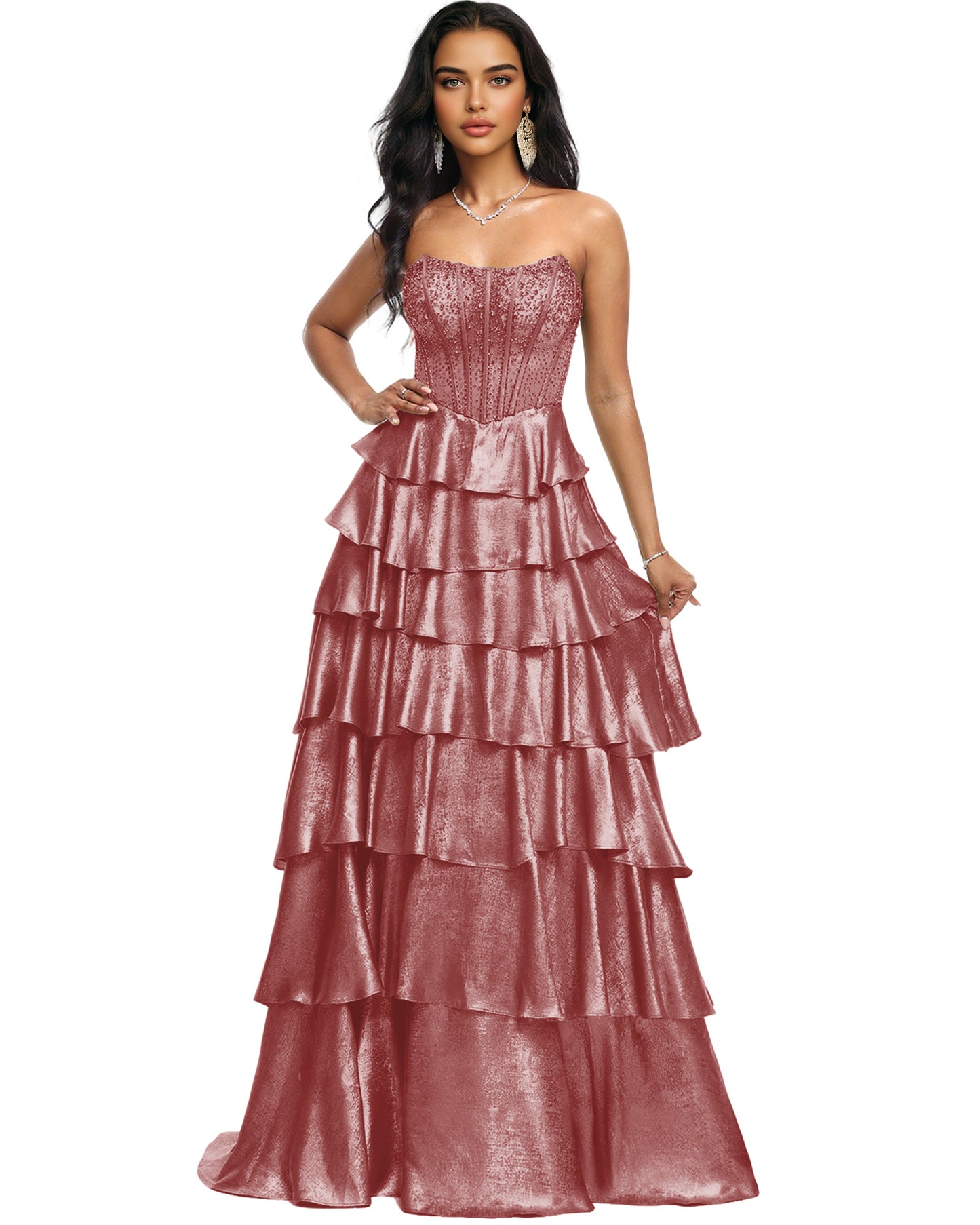 Strapless Tiered Sequin A-Line Prom Dress with Ruffle Layers