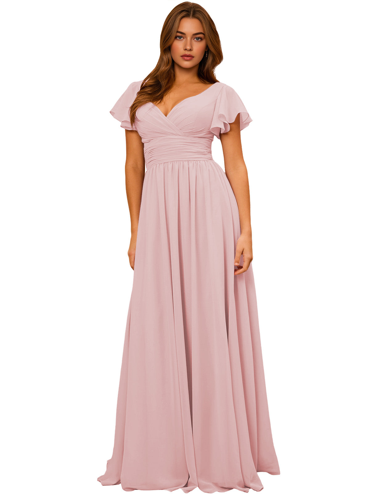 V-Neck Flutter Sleeve Chiffon Bridesmaid Dress with Empire Waist