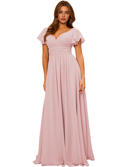 V-Neck Flutter Sleeve Chiffon Bridesmaid Dress with Empire Waist