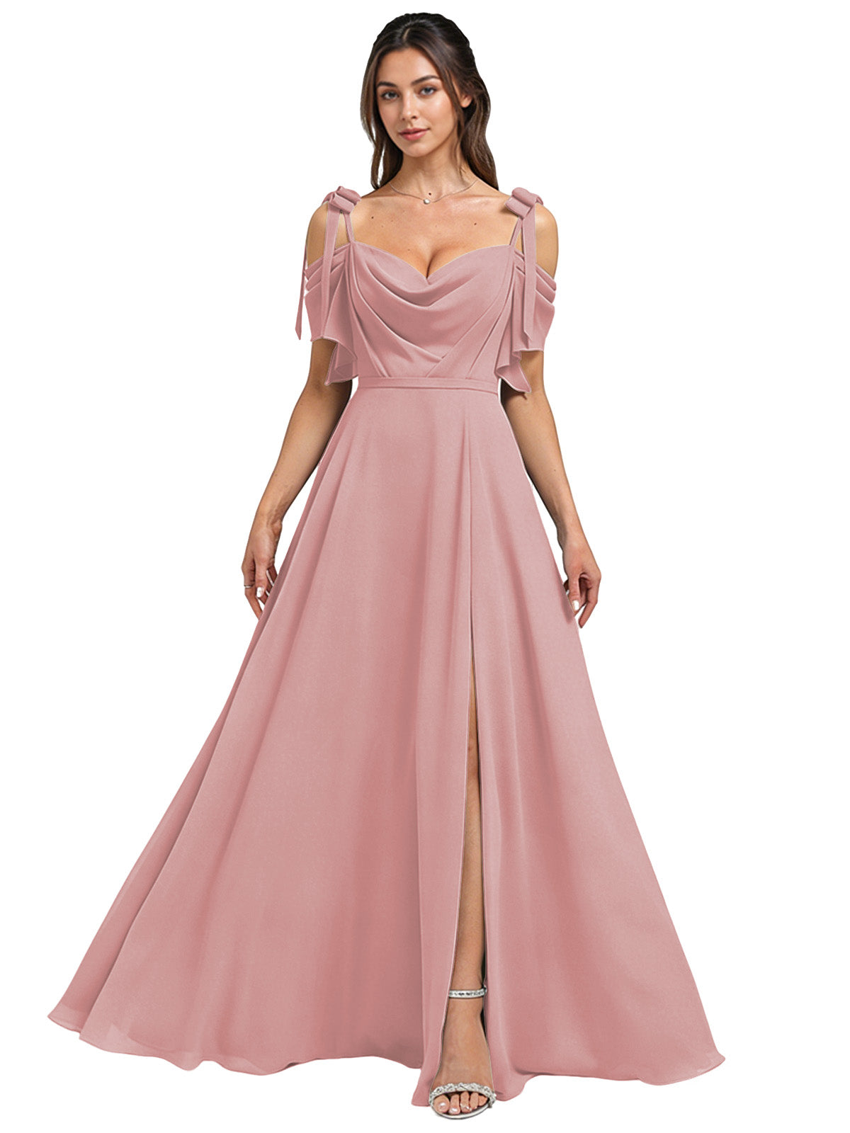 Cowl Neck Cold Shoulder Bridesmaid Dress with High Slit Chiffon Dress