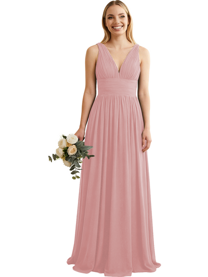Deep V-Neck Chiffon Bridesmaid Dress with Pleated Waist