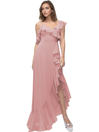 Asymmetrical Ruffle Chiffon Bridesmaid Dress with High Low Slit