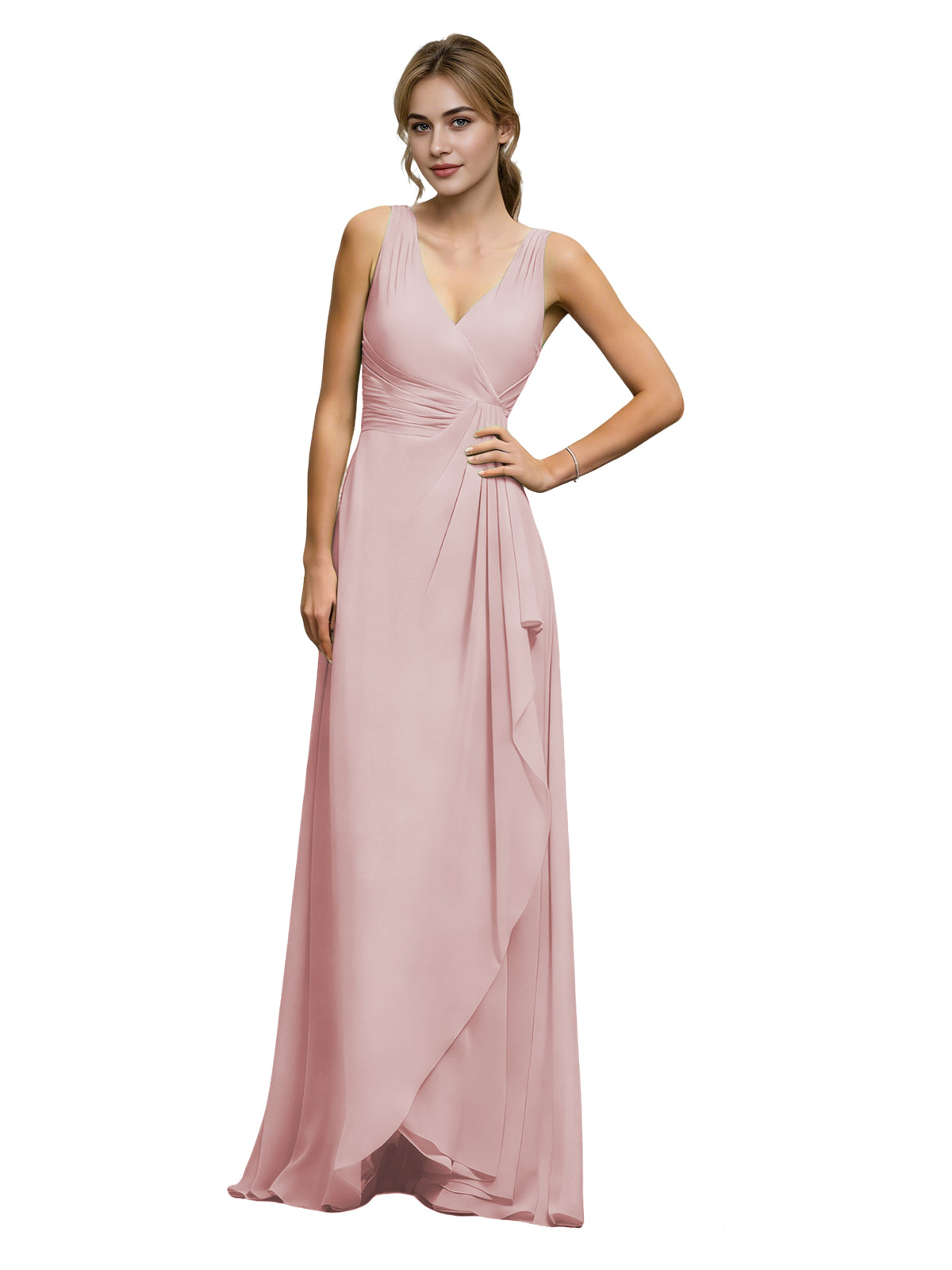 Halter V-Neck Chiffon Bridesmaid Dress with Draped Sash Waist
