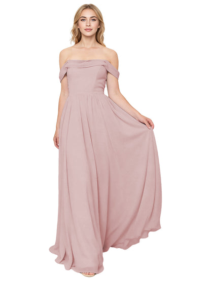 Off Shoulder Pleated Chiffon Bridesmaid Dress with Flowing A-Line Dress