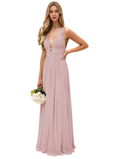 Spaghetti Strap V-Neck Chiffon Bridesmaid Dress with Open Back