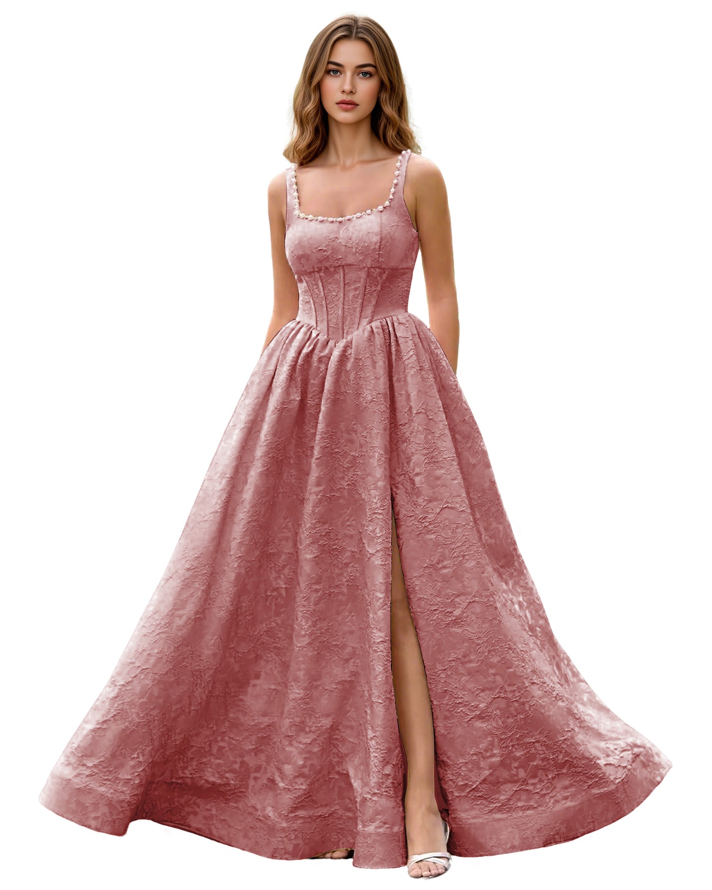 Square Neck Jacquard Ball Gown Prom Dress with Wide Straps and Pockets