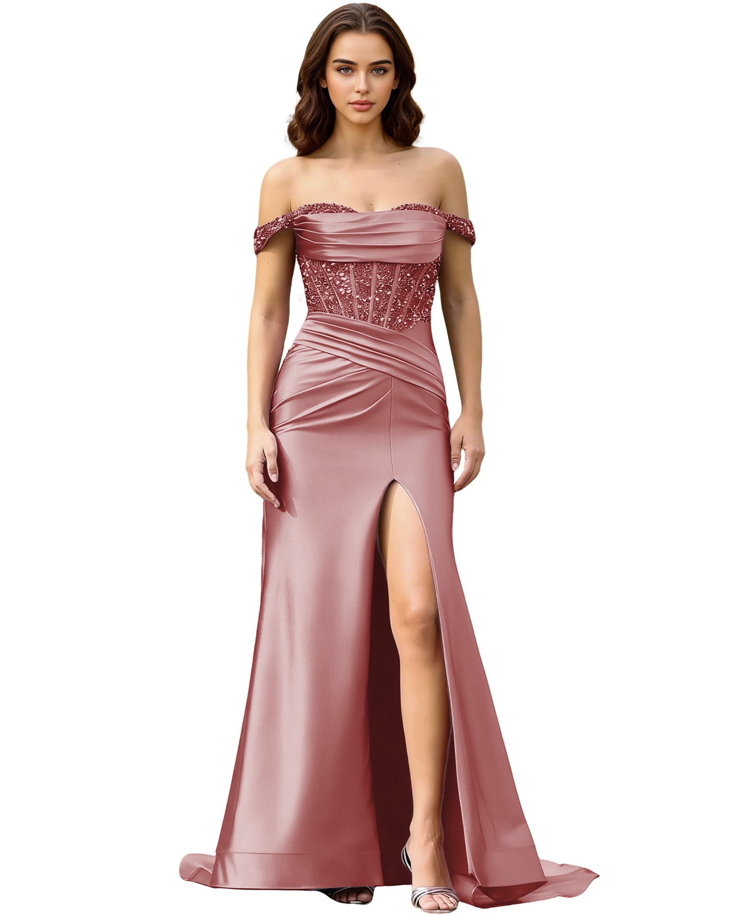 Off Shoulder Ruched Satin Prom Dress with Basque Waist and Front Slit