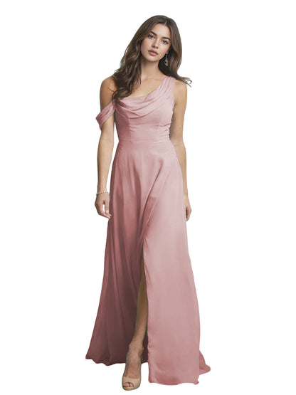 One Shoulder Satin Bridesmaid Dress with Draped Neckline and Slit