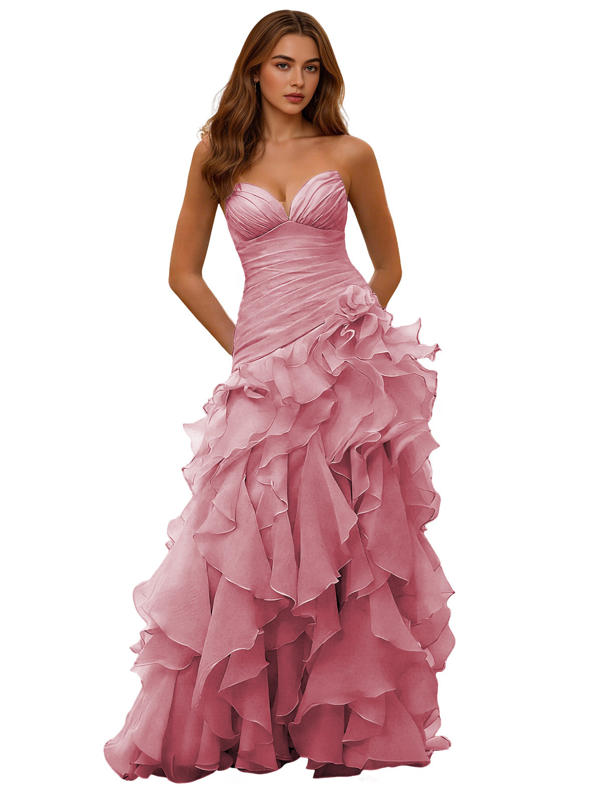 Strapless Organza Ruffle Ball Gown Prom Dress with Draped Corset Bodice