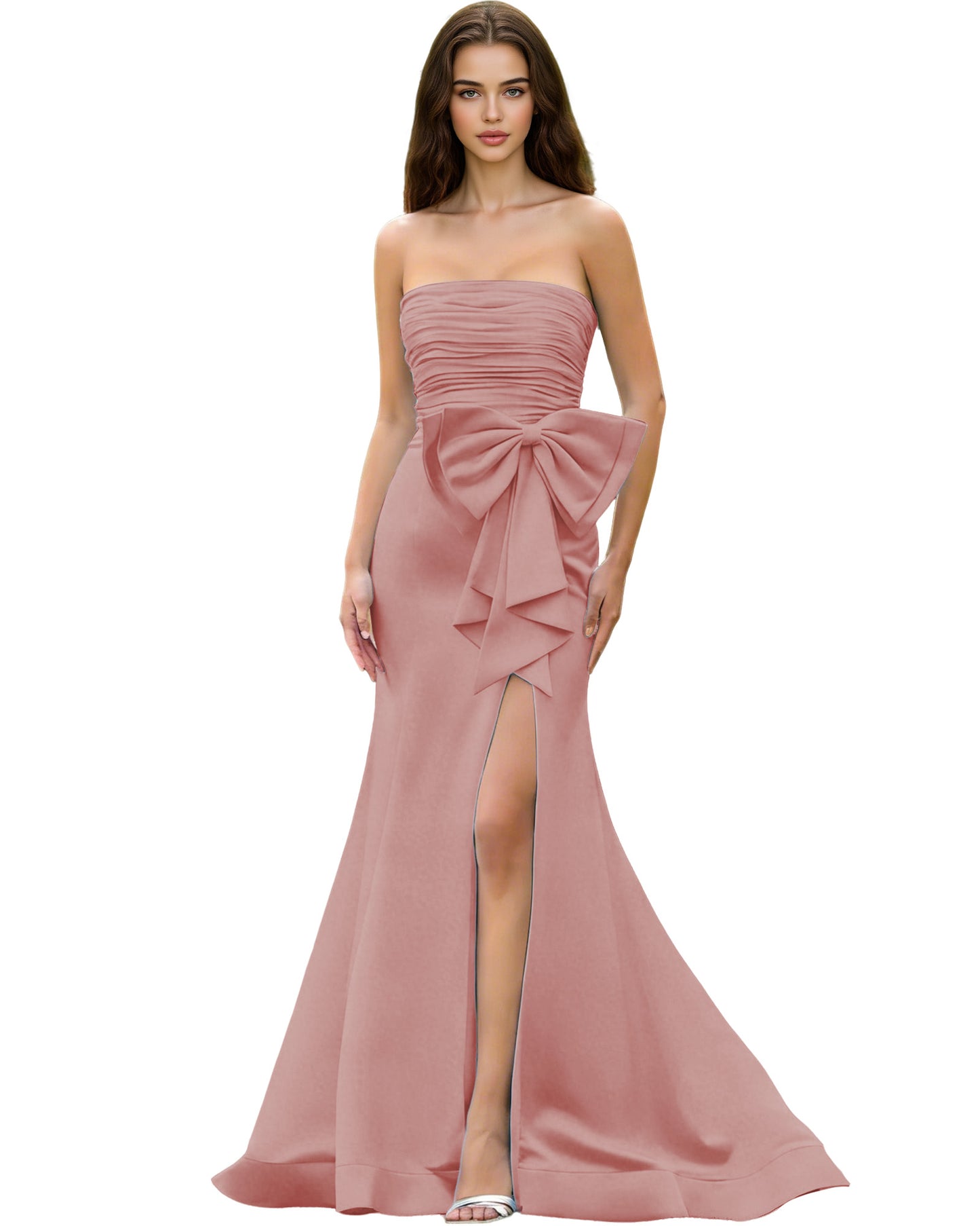 Strapless Bow Detail Satin Prom Dress with Ruched Bodice and Slit