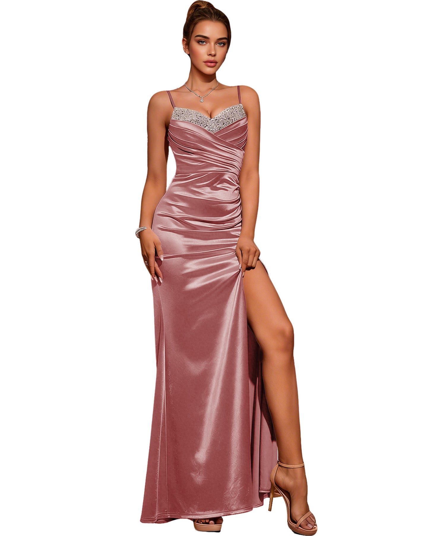 Strapless Pleated Satin Column Prom Dress with Draped Bodice and Slit